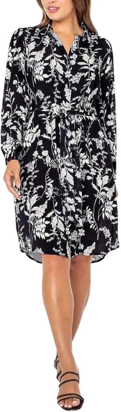 Well Worn Black White Floral Shirt Dress Long Sleeve Collared Button Down
